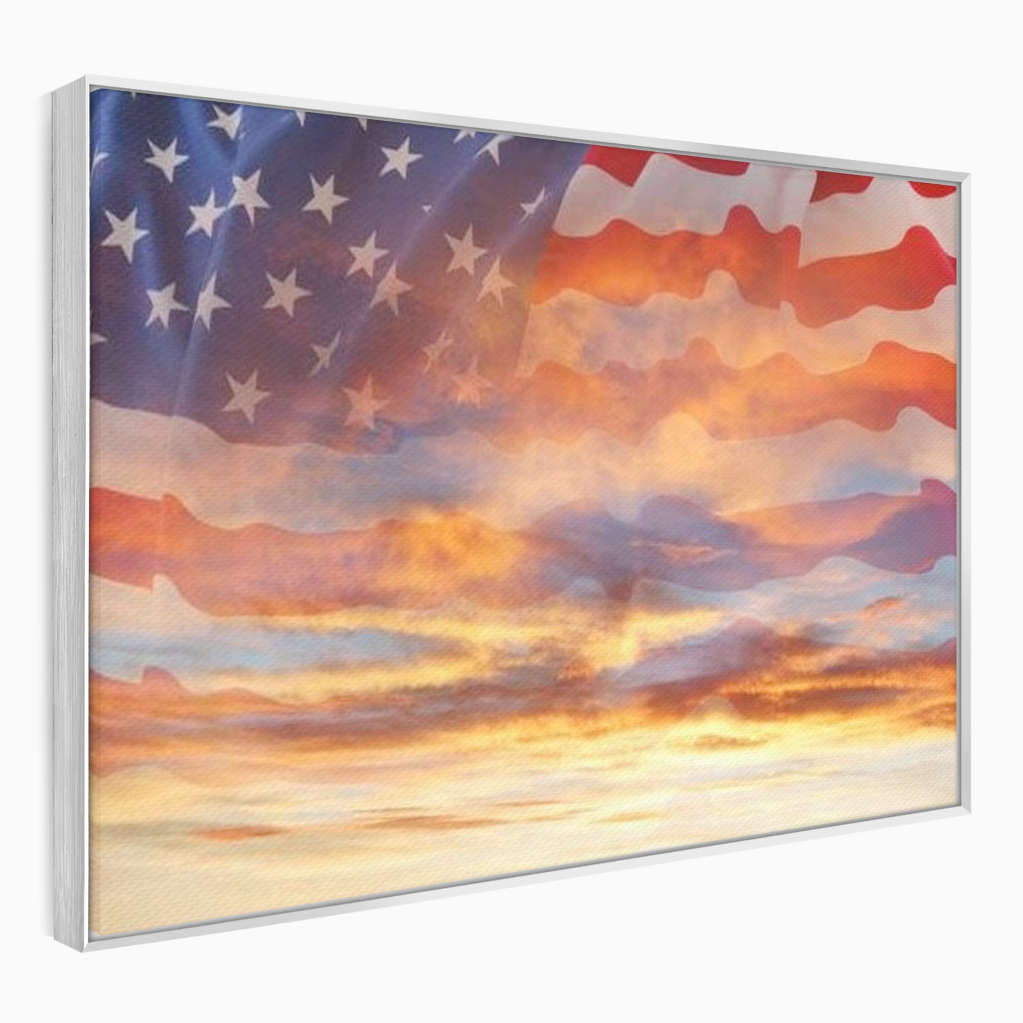 Tablou canvas cu tablou canvas cu steagul american si apus, in rama de aluminiu argintiu